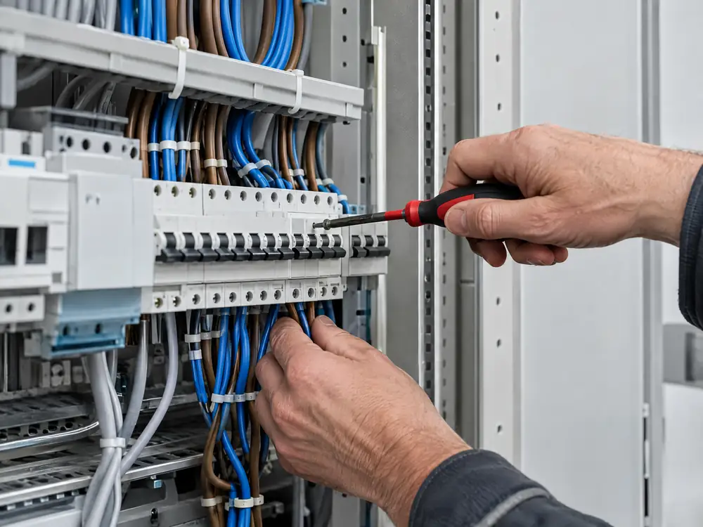 Elektromeister verdrahtet einen neuen Zählerschrank