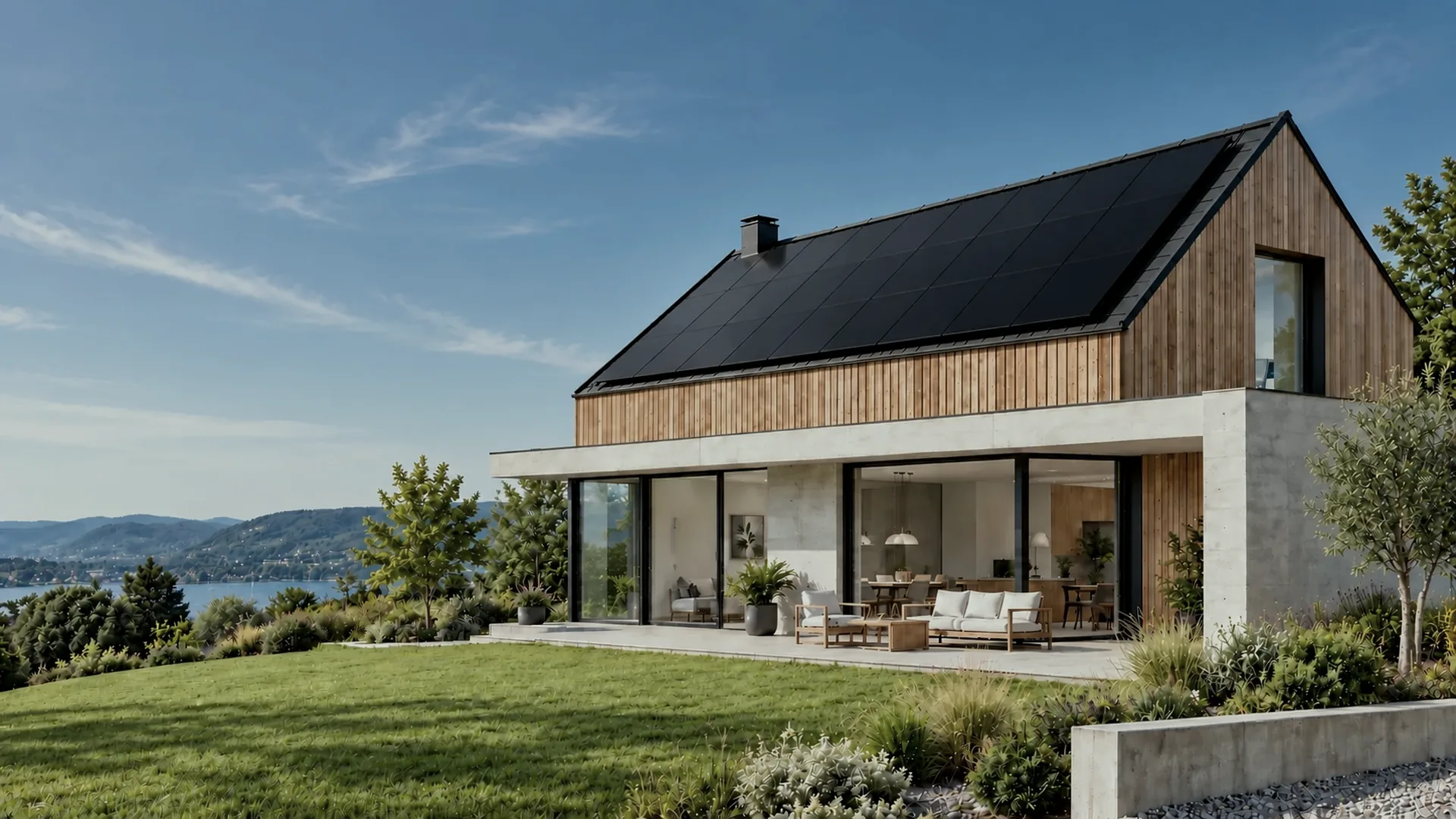 Modernes Einfamilienhaus mit Full-Black-Photovoltaikanlage auf dem Dach