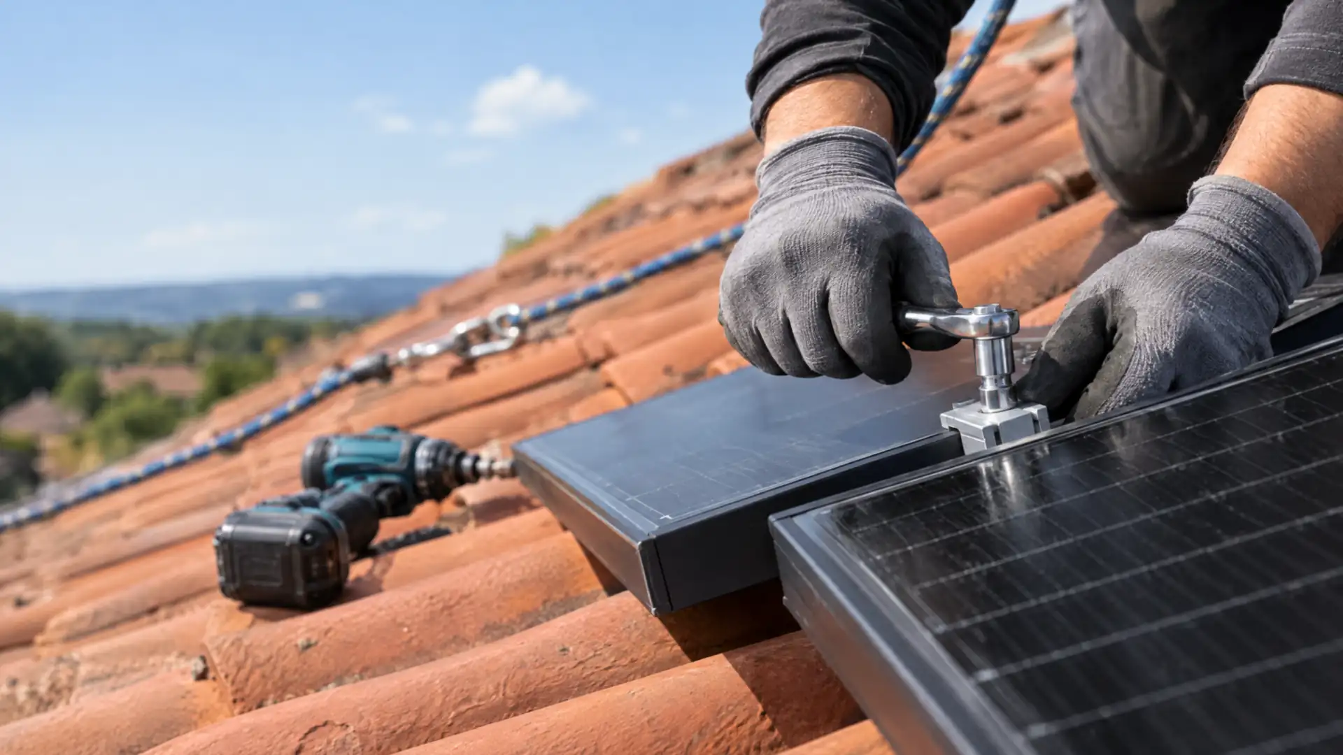 Monteur befestigt ein Solarmodul auf dem Dach