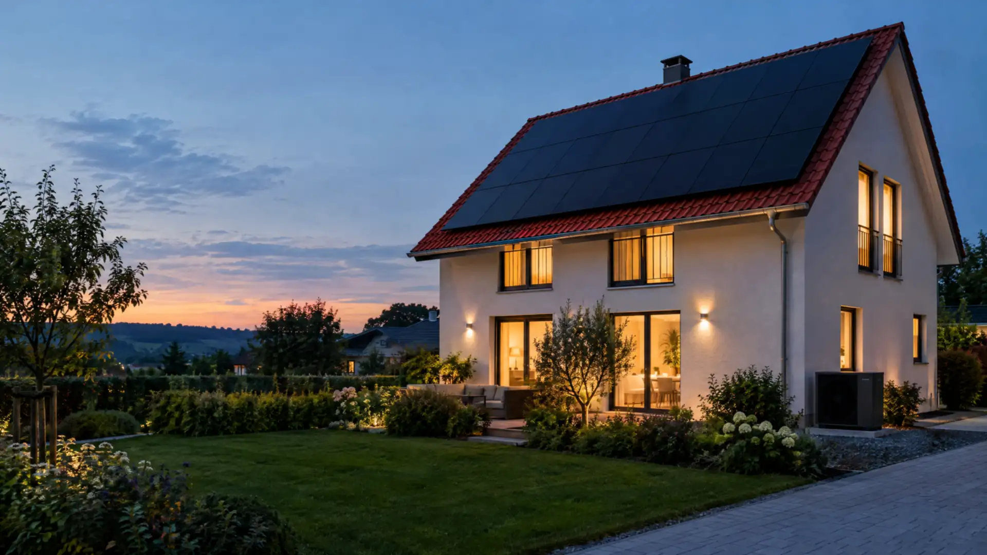 Einfamilienhaus mit Photovoltaik zur blauen Stunde